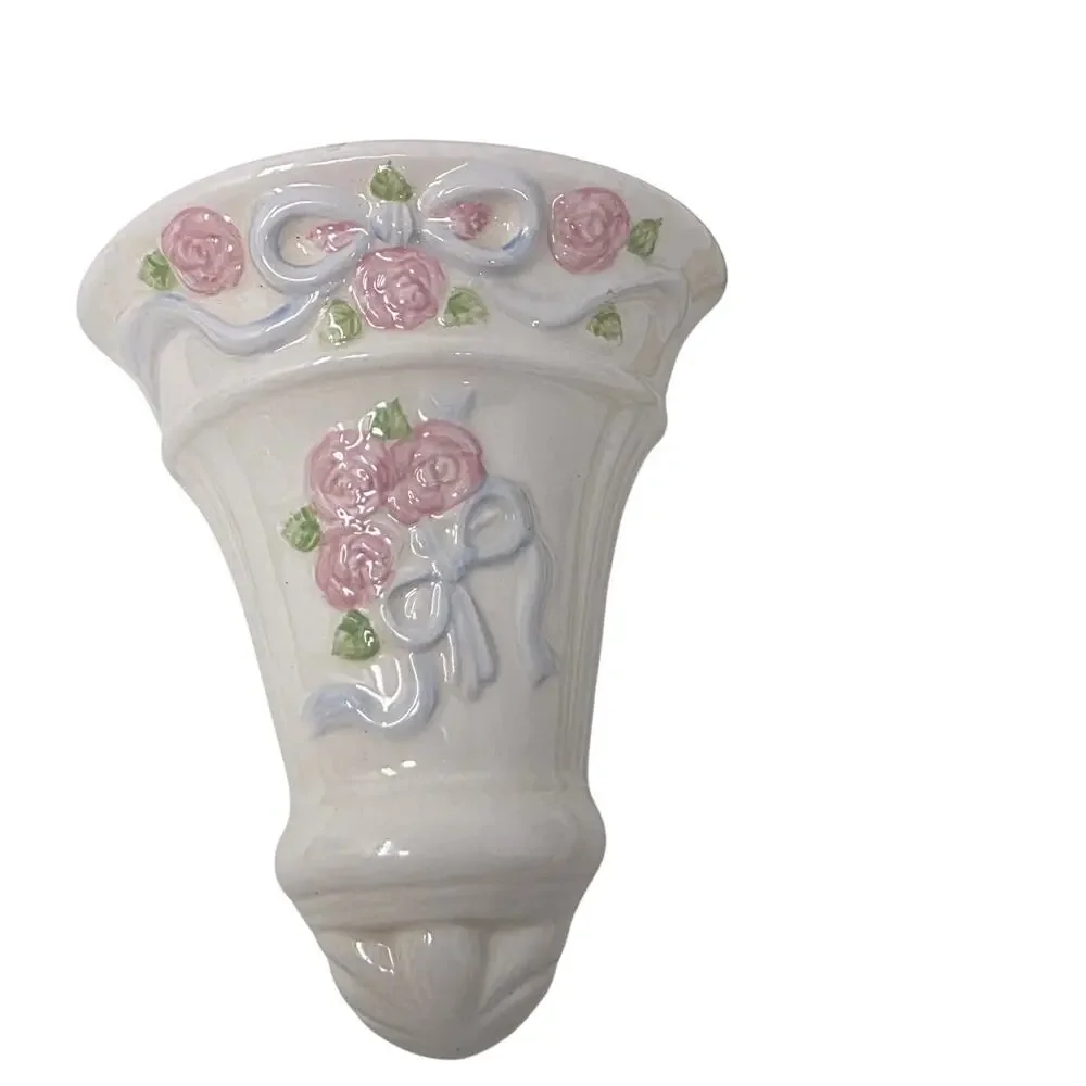 Pair Vintage Ceramic Wall Pocket Vases Pink Roses Blue Bows Cottage Decor